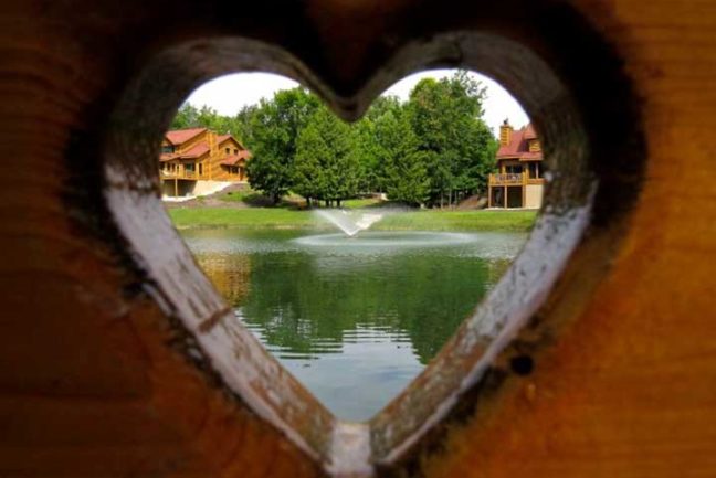 View of the pond through a heart cut out in a wooden bench